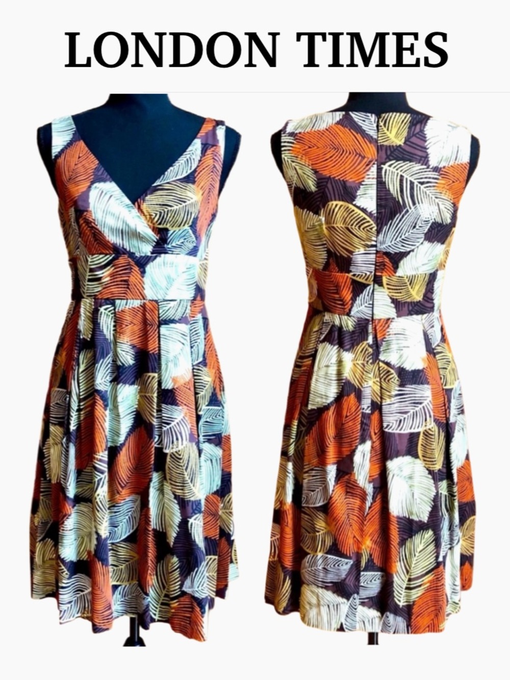 LONDON TIMES Sleeveless V-neck Fit-and-Flare Dress Lightweight Autumn Fall (2)